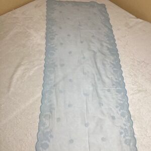 Vintage Baby Blue Nylon Table/Dresser Runner, Scalloped Edges, Velvet Embossed